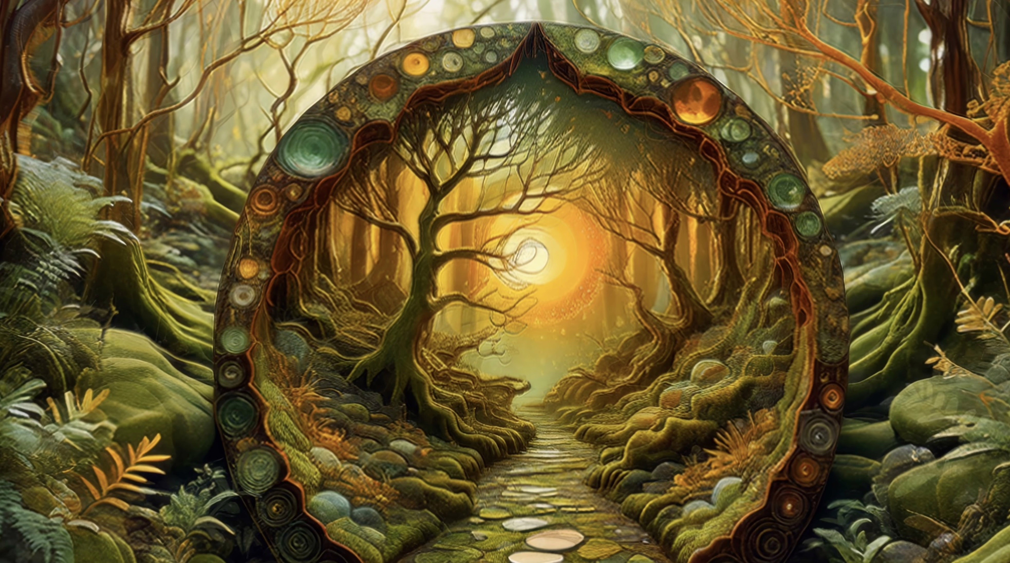 Trippy psychedelic art glowing forest portal
